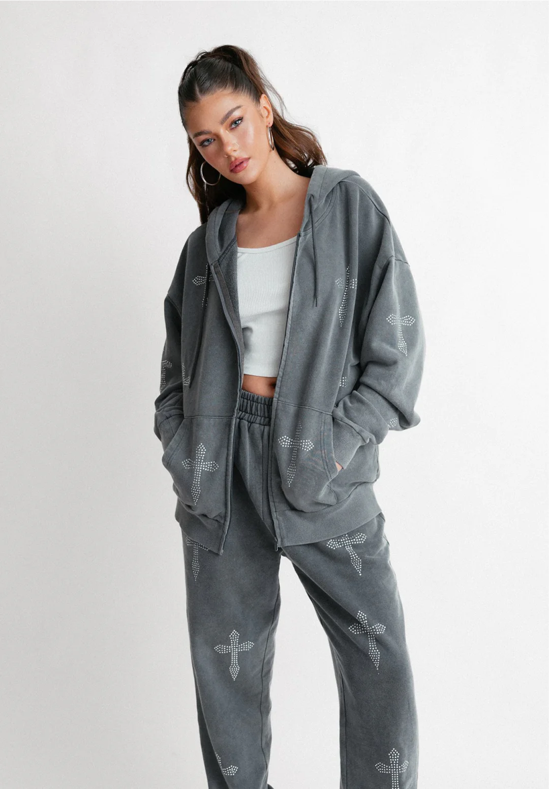 HIDDEN HILLS RHINESTONE CROSS Jogginghose ACID GRAU