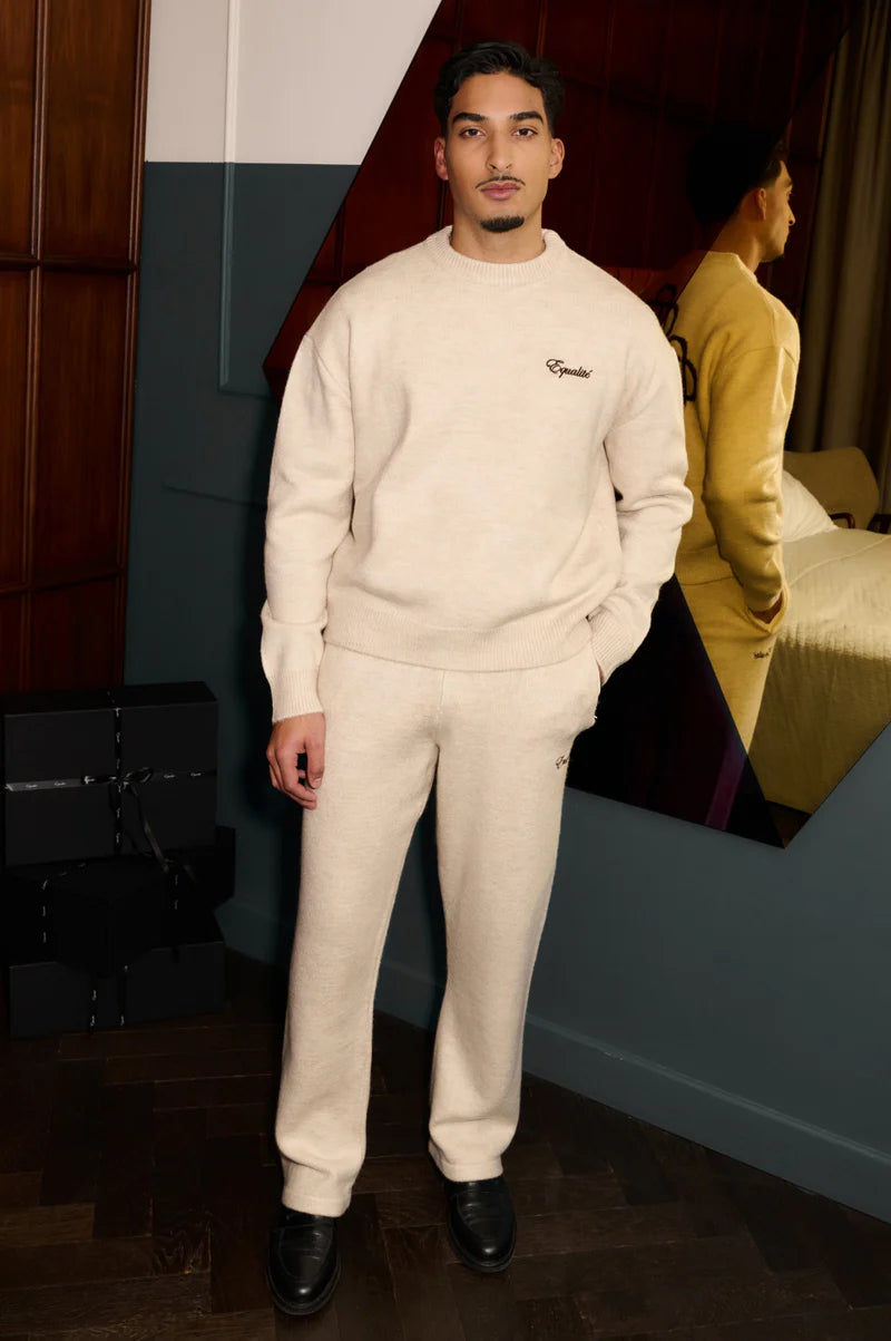 Flauschige Strickhose mit gerader Passform, gebrochenes Weiß