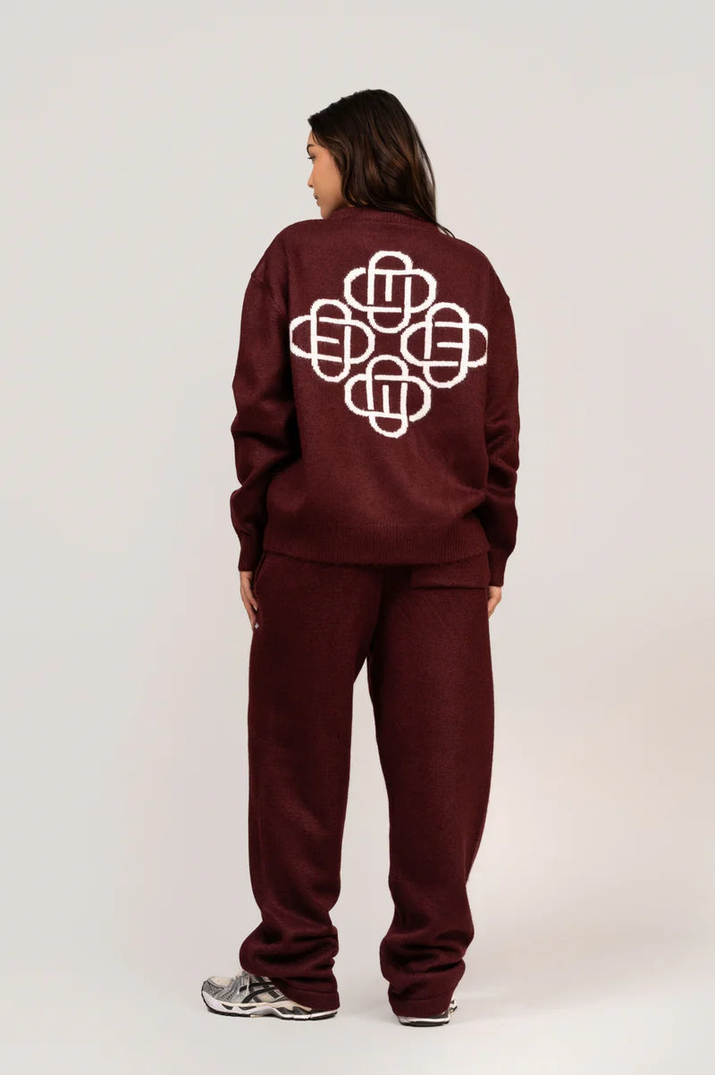 Flauschige Strickhose mit gerader Passform, Burgunderrot