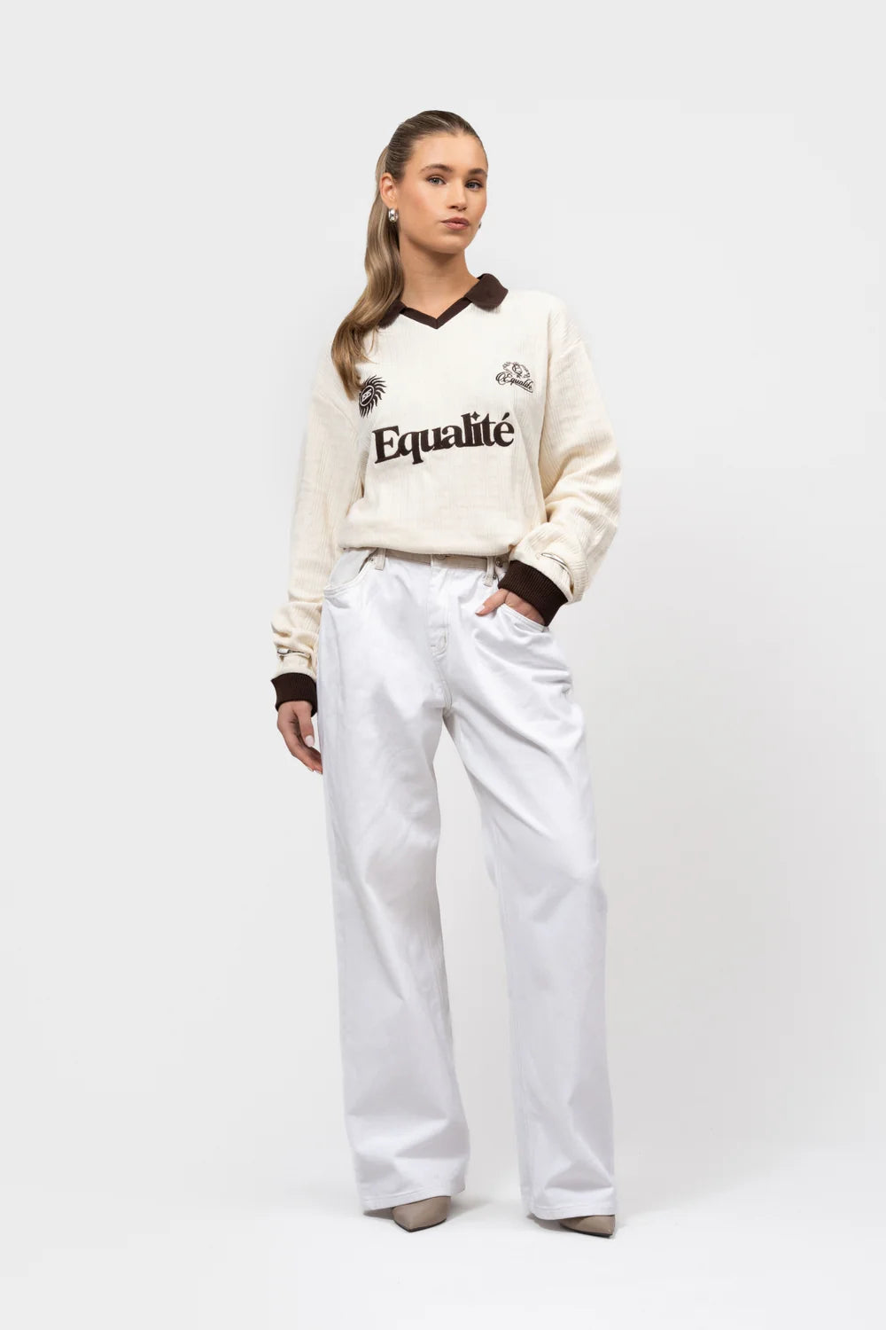 ASH KNIT LONGSLEEVE POLO OFF-WHITE & BROWN