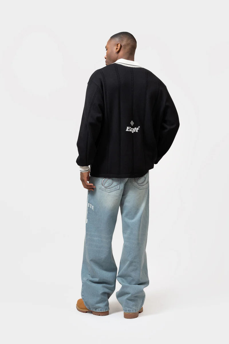 GEBREIDE JERSEY POLO MET LANGE MOUWEN ZWART