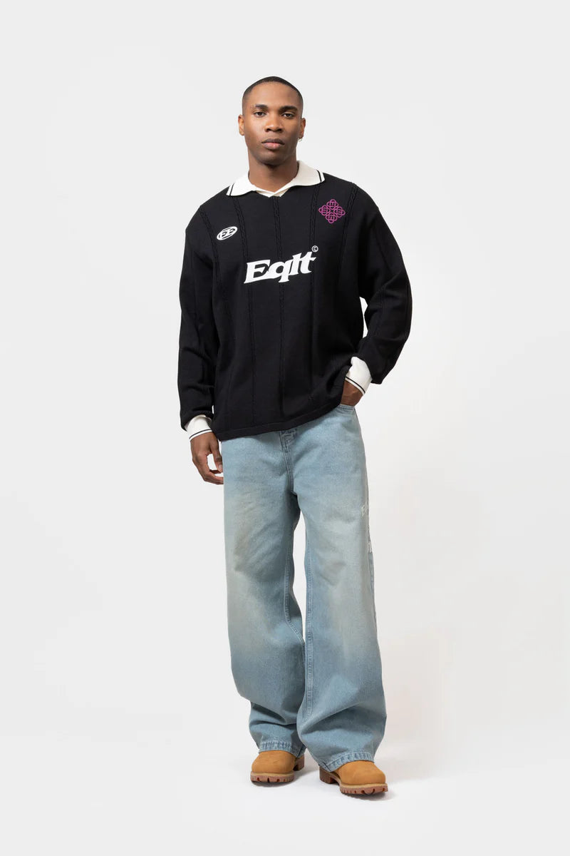 GEBREIDE JERSEY POLO MET LANGE MOUWEN ZWART