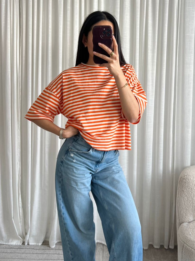 T-shirt - Gestreapt - Oranje Wit