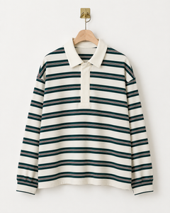 Lucce - Mila Striped Polo – Off White/ groen - Ruimvallende damespolo met lange mouwen