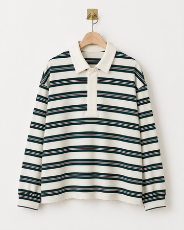Lucce - Mila Striped Polo – Off White/ groen - Ruimvallende damespolo met lange mouwen