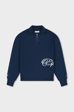 Equalité Fluffy Knit Quarter Zip Polo Navy – voorzijde