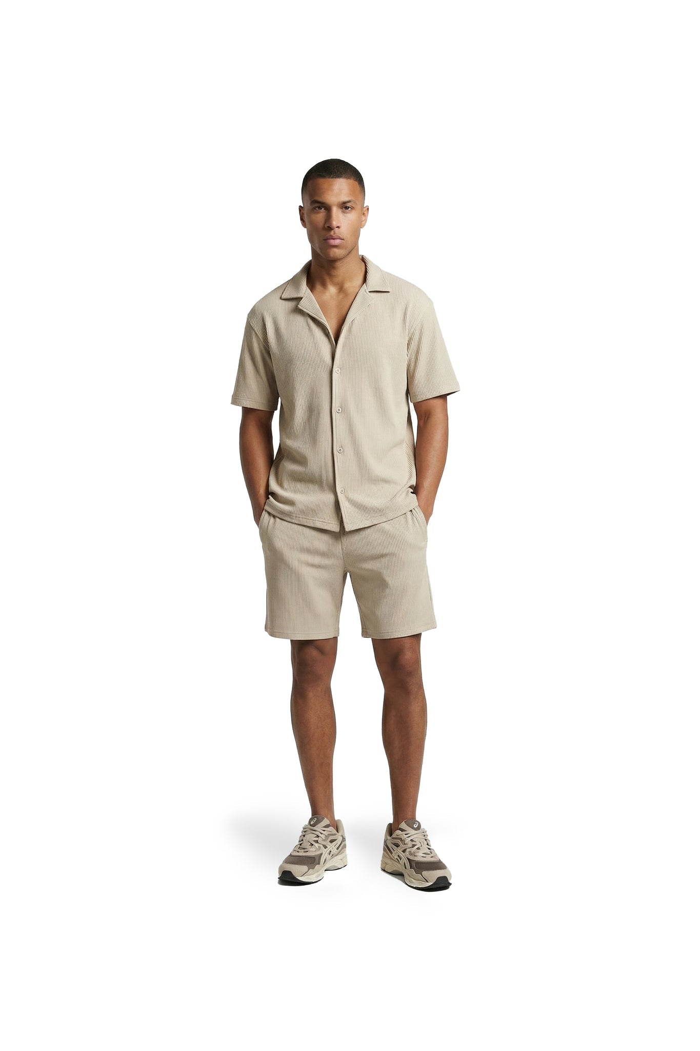 Malelions Men Ribbed Camp Collar Shirt | Light Taupe
