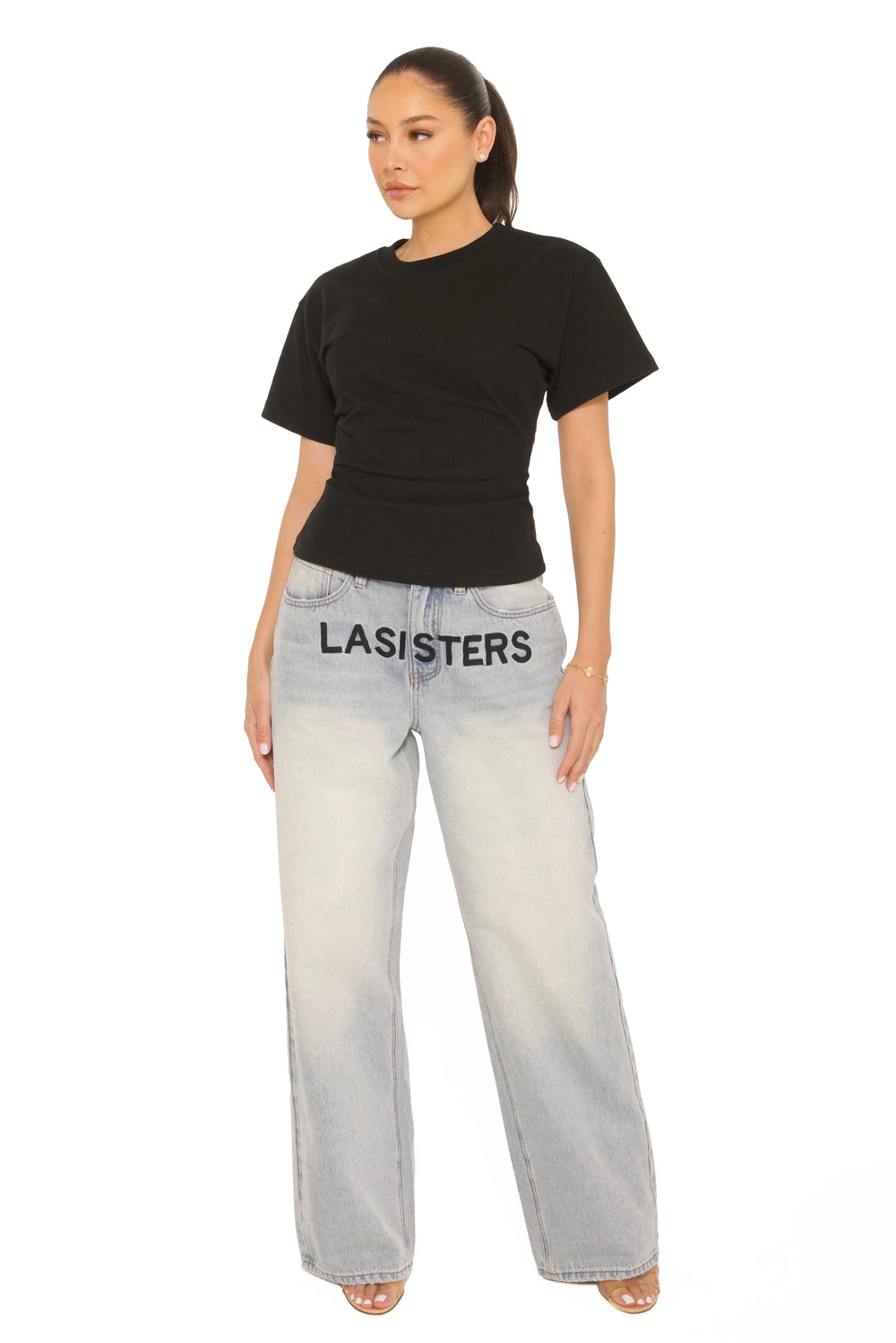 LA Sisters - Embroidered Signature Jeans Light Blue - Rechte damesjeans met borduring