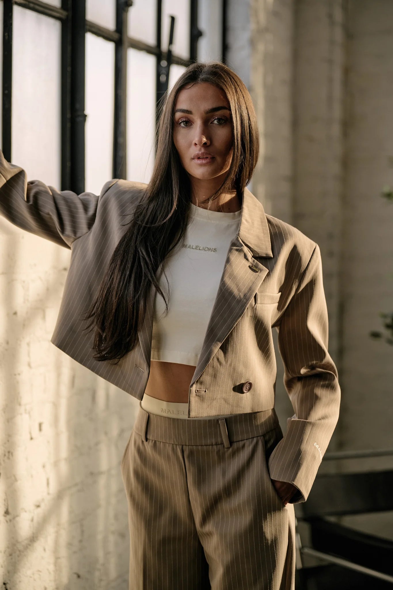 Malelions Women Cropped Pinstripe Blazer | Sand
