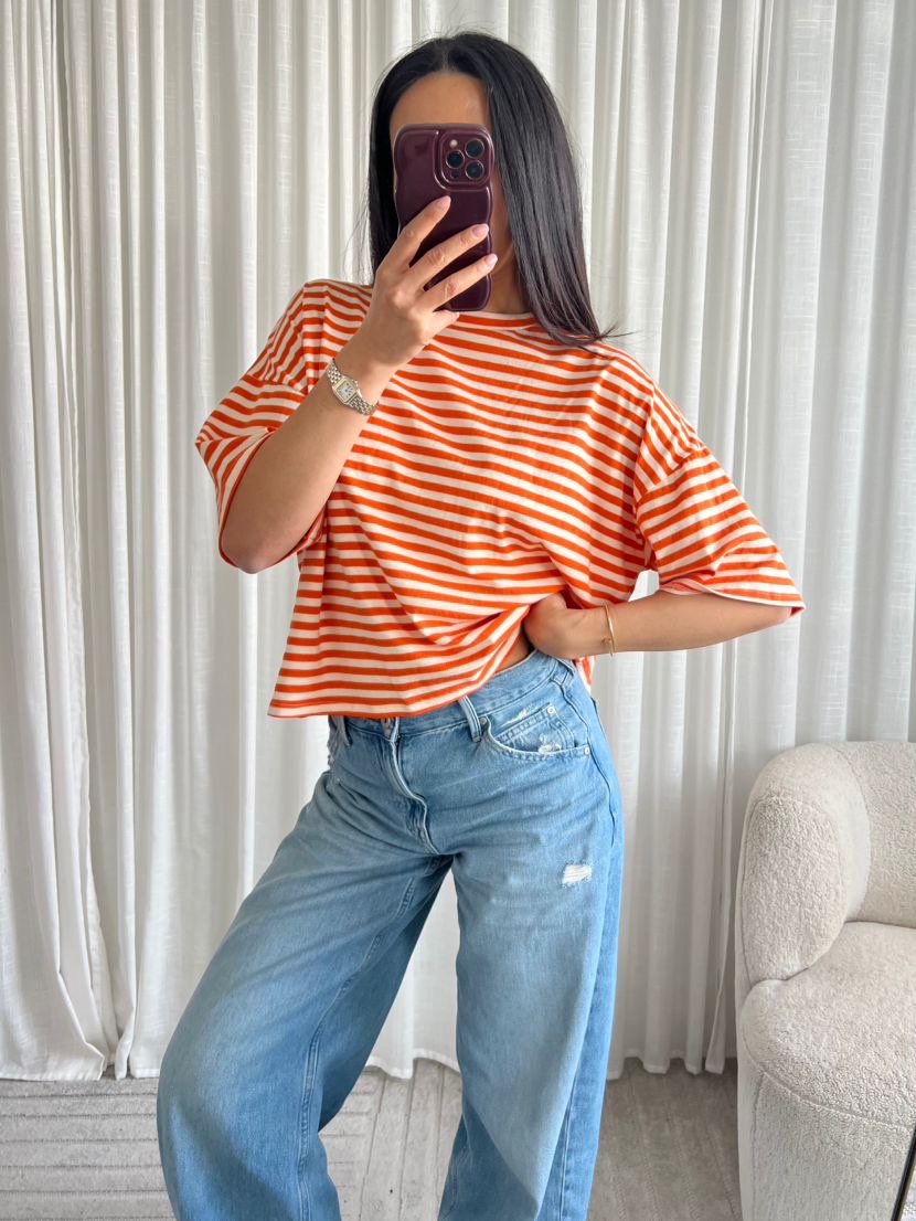 T-shirt - Gestreapt - Oranje Wit