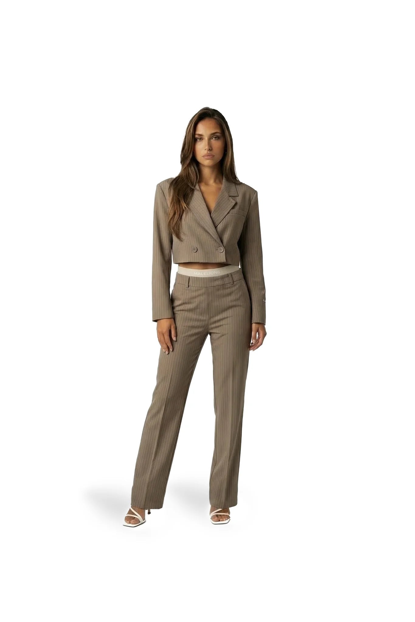 Malelions Women Cropped Pinstripe Blazer | Sand